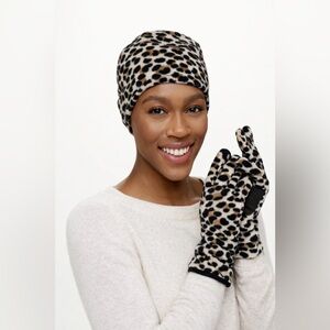 Retro LANDS END Leopard Print Fleece Hat and Cozy Gloves Coord Set Size M